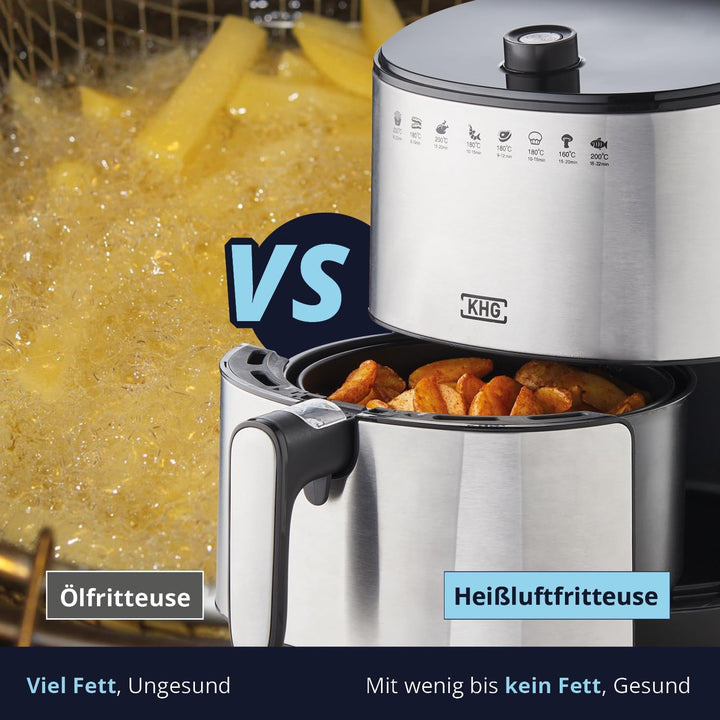 KHG Heissluft-Fritteuse Airfryer HLF-3200 silber 3,2 Liter herausnehmbarer Frittierkorb 1500 Watt Ti
