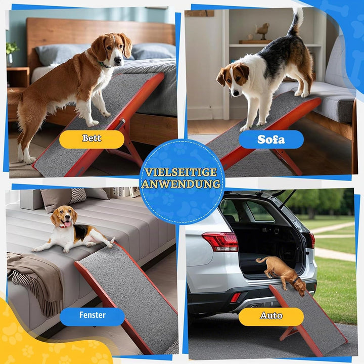 Hunderampe Hundetreppe für Hunde - Einstellbar 34-61,5 cm Spülschutz-Design Birkenholz Rampe Hund Kl