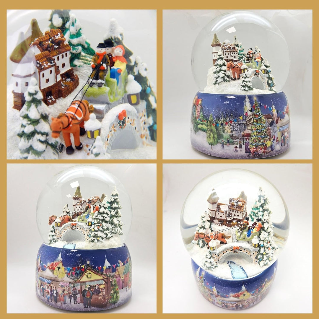 Schneekugel Weihnachten Spieluhr | Nostalgie Pferdekutsche über Brücke | Sockel Winterlandschaft | M