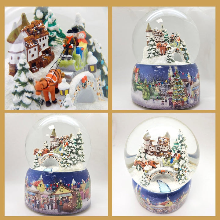 Schneekugel Weihnachten Spieluhr | Nostalgie Pferdekutsche über Brücke | Sockel Winterlandschaft | M