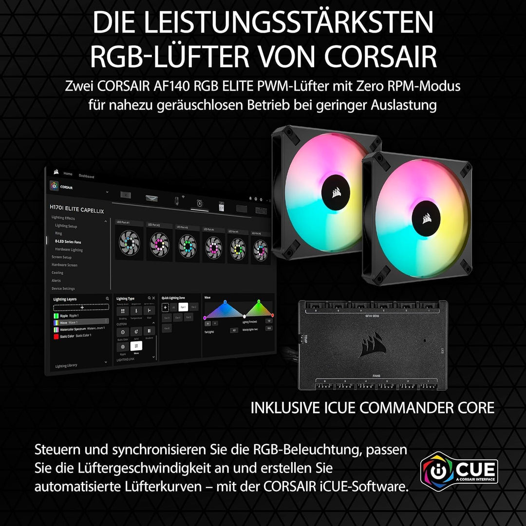 Corsair iCUE H115i Elite CAPELLIX XT Flüssig-CPU-Kühler - Zwei AF140 RGB Elite-Lüfter - 280-mm-Radia