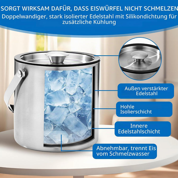 2L Eiswürfelbehälter, Eiskübel mit deckel,Eiswürfelbehälter Edelstahl mit Clips und Sieb, perfekt zu