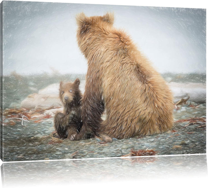 Pixxprint Bär mit Baby nach dem Baden Kunst Buntstift Effekt, Format: 100x70 auf Leinwand, XXL riesi
