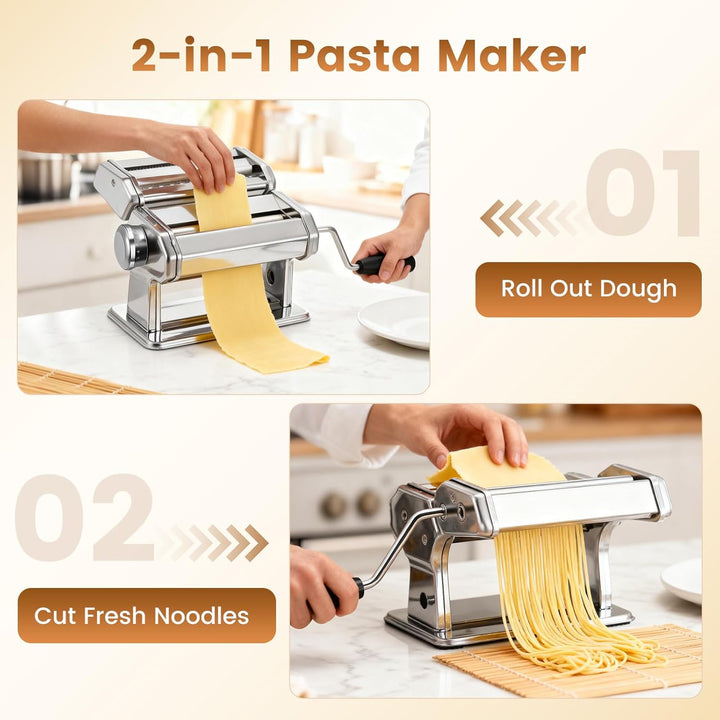 Manuelle Nudelmaschine, Edelstahl Pasta Maker mit 3 Schneidern, Nudeltrockner Nudelständer und 9 Ein