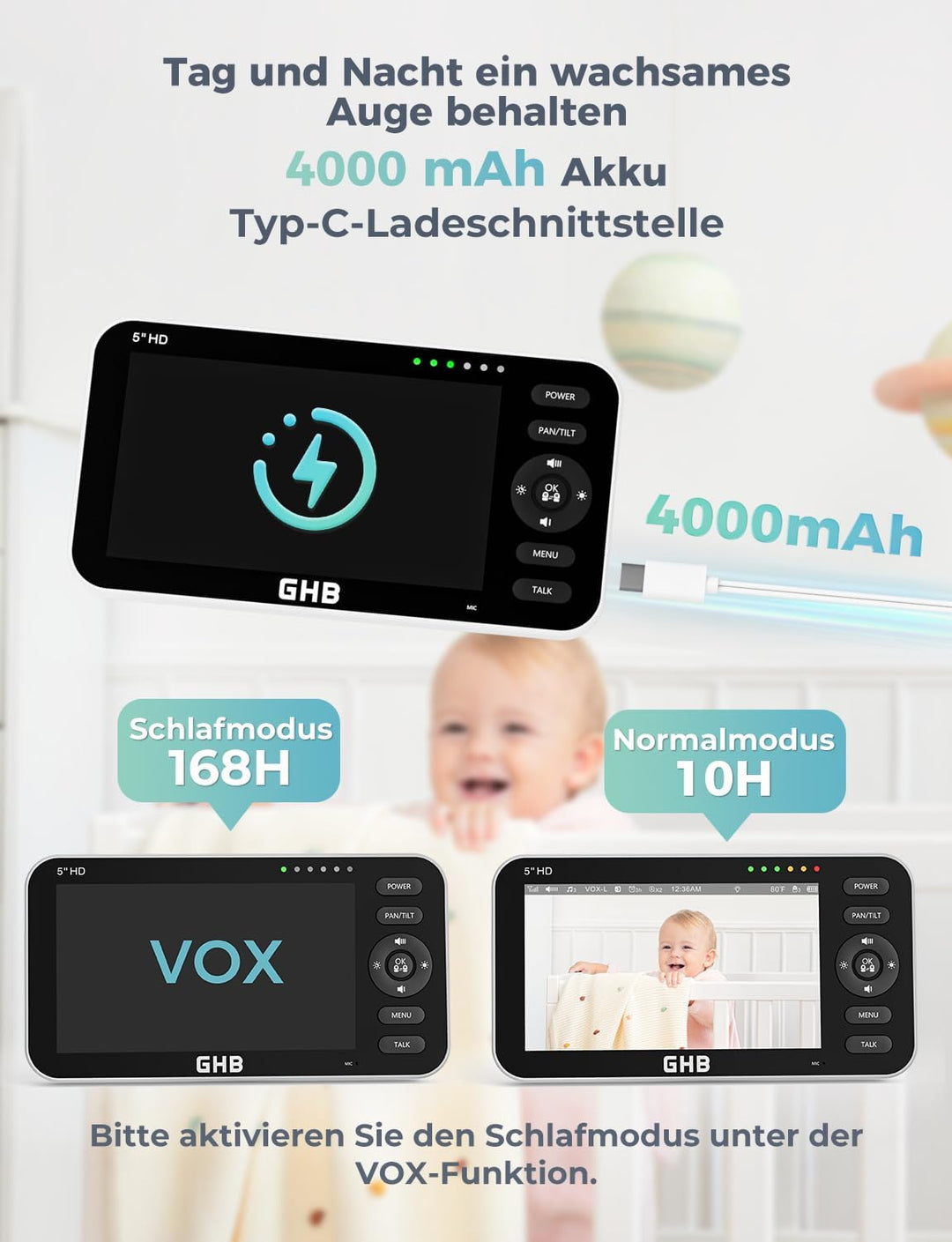 GHB Babyphone mit Kamera 5 Zoll LCD Display Babyphone Kamera VOX-Modus Gegensprechen Nachtsicht Temp