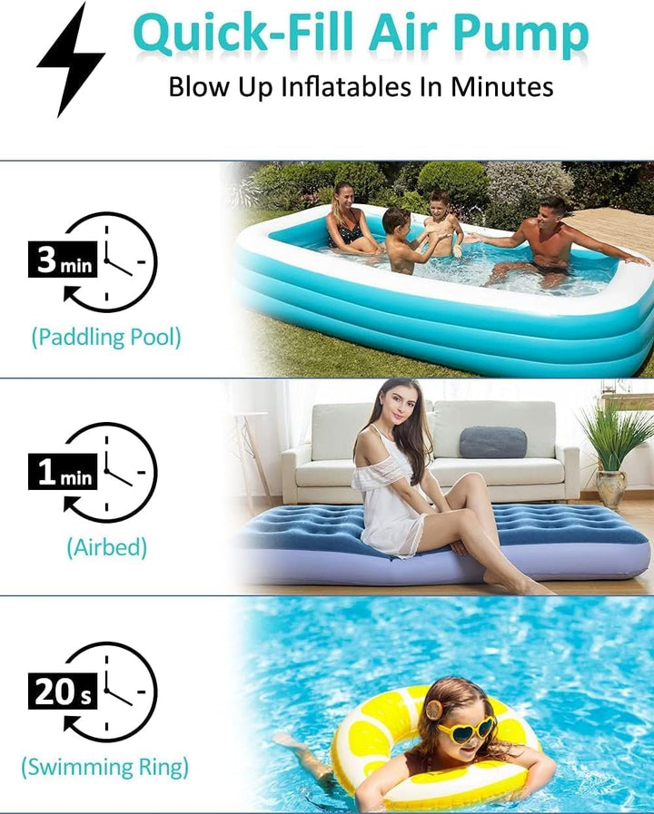 Kabellose Elektrische Luftpumpe mit 2×2000mAh Wiederaufladbarem Akku für Pool, Schlauchboot &amp; Luftma