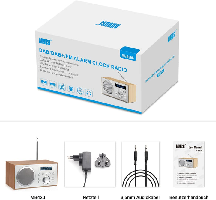 DAB+/FM Radio mit Bluetooth-August MB420-Digitales Küchenradio mit Holzgehäuse mit RDS-Funktion 60 P