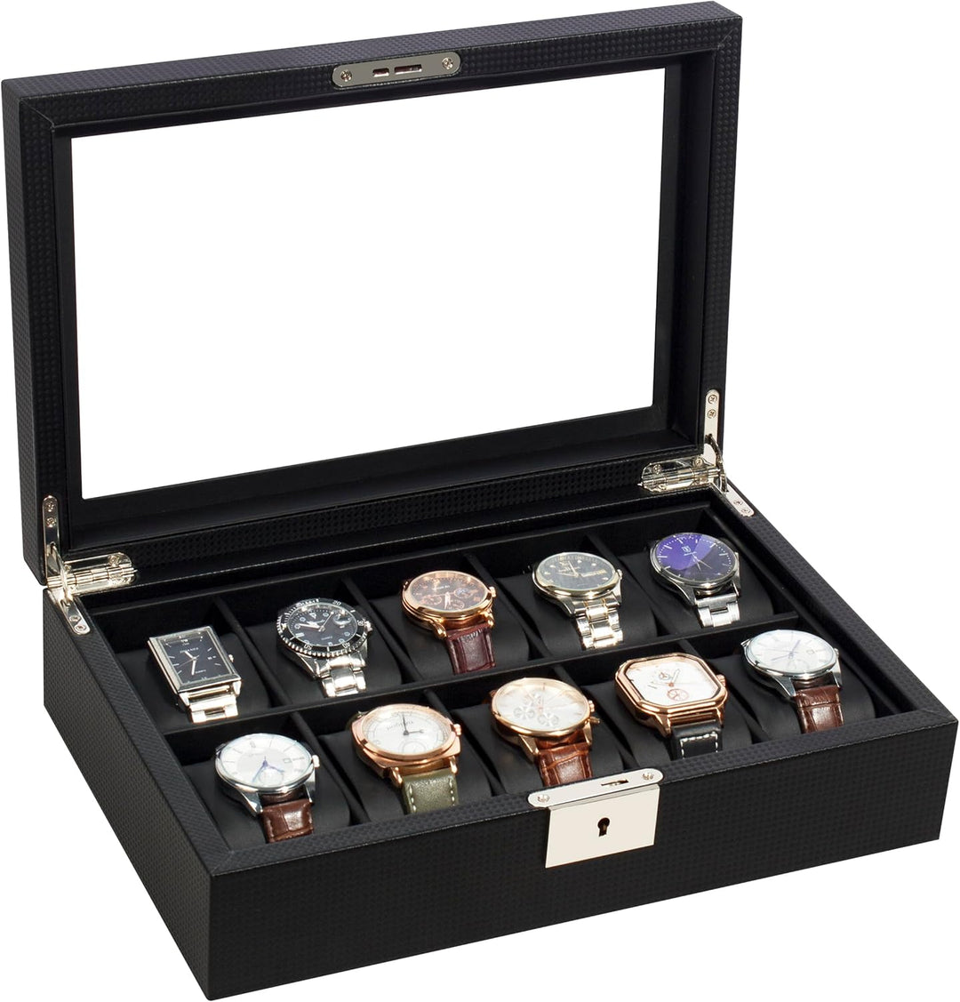 KILHS Uhrenbox mit 10 Fächern, Uhrenkasten mit grossem Glasdeckel, herausnehmbares Uhrenkissen, absc