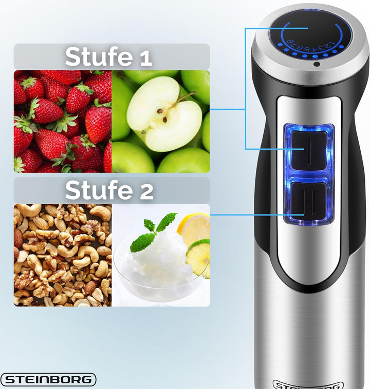 Steinborg® Stabmixer Set 1.500 Watt Edelstahl Pürierstab Schneebesen Zerkleinerer - 500 ml Mixbehält