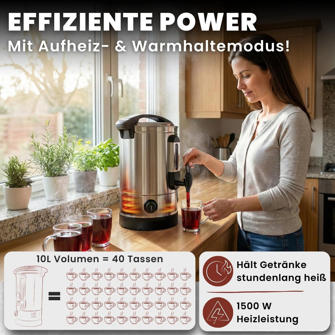 Heimfleiss® Glühweinkocher 6,8L aus Edelstahl | 1500W Einkochautomat für Glühwein, Punsch & Wasser |