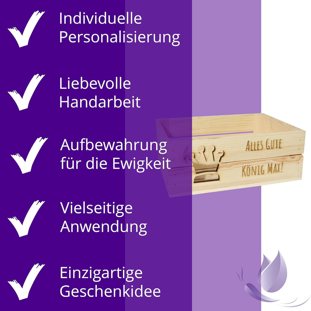 Holzkiste Personalisiert mit Wunschtext Krone für jeden Anlass - Gravierte Erinnerungskiste Geburtst