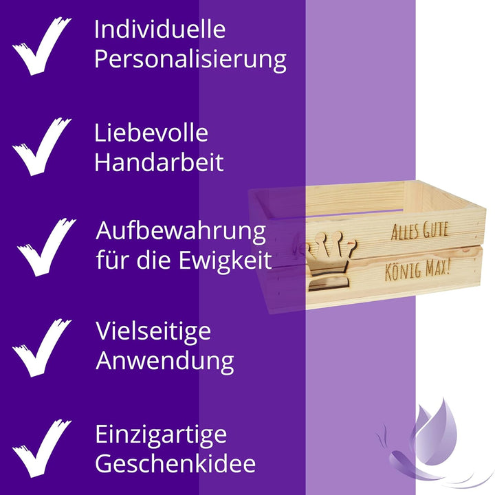 Holzkiste Personalisiert mit Wunschtext Krone für jeden Anlass - Gravierte Erinnerungskiste Geburtst