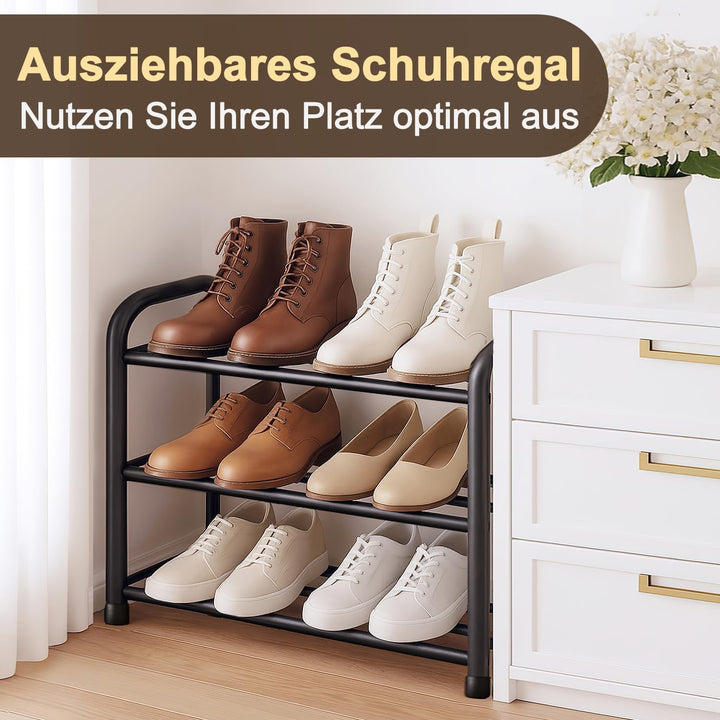 Schuhregal Schmal Platzsparend Ausziehbar 3 Ebenen, Schuhschrank Metall Schwarz, Breite 43-78 cm, fü