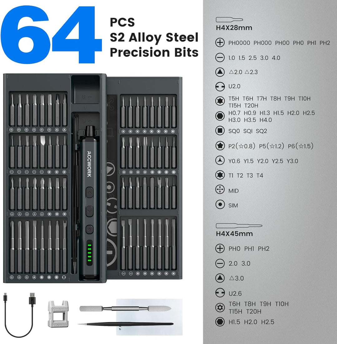 Elektrischer Schraubendreher, 68 in 1 Präzisions Electric Screwdriver - mit 64 Magnetischen S2 Bits
