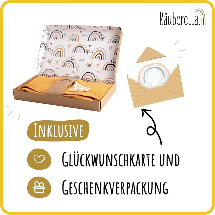 Räuberella® Kapuzenhandtuch-Baby in Senf-Gelb I 75x100cm I Musselin-Badetuch-Baby aus 100% Bio-Baumw