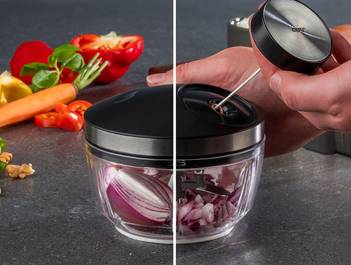 GEFU Multizerkleinerer ZIZO 450 ml | manueller Küchenzerkleinerer mit Seilzug & Edelstahlklingen | O