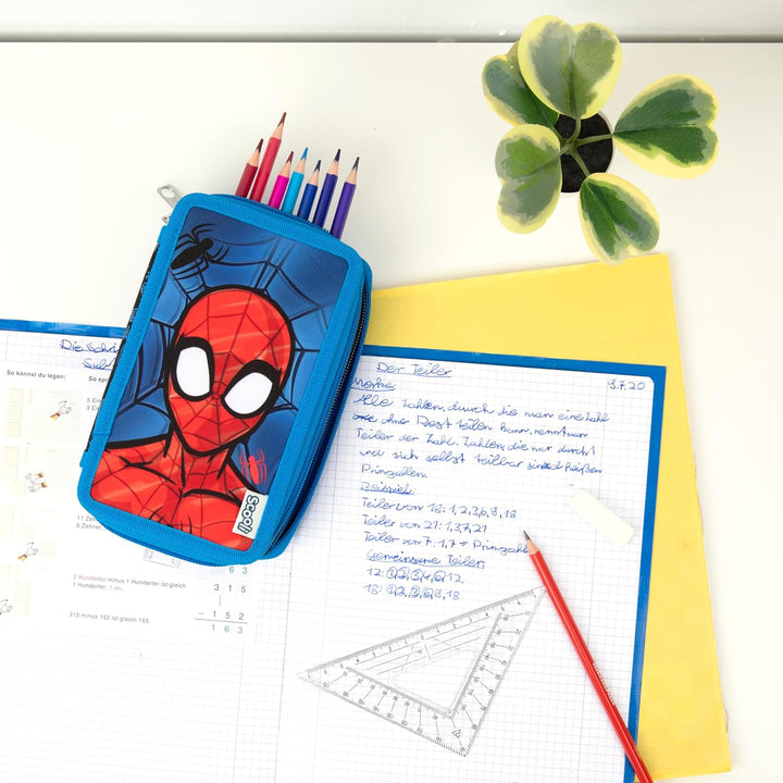 Scooli - Tripledecker Spider Man - Gefülltes Schüleretui mit hochwertigen Stiften & Zubehör - Ideal