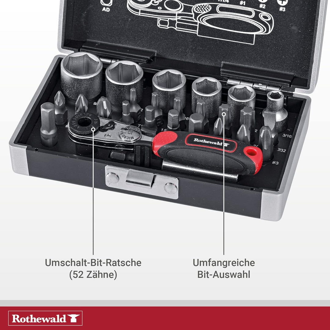 Rothewald Mini-Ratschensatz, Zöllig, 26 Teile, Motorrad-Zoll-Bordwerkzeug, Ratschen- & Bit-Set, Idea