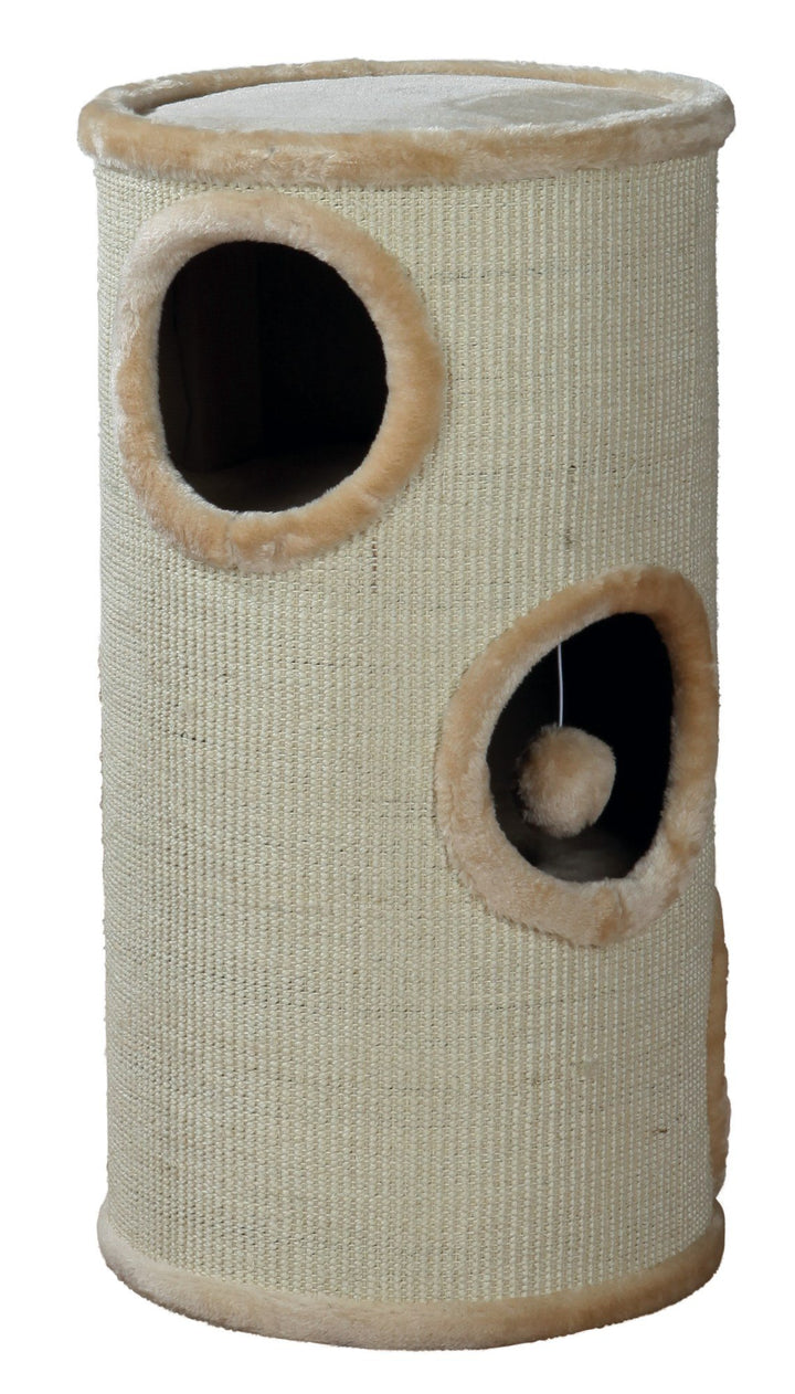TRIXIE Kratztonne für Katzen Samuel 70 cm in natur/beige – dreistöckige Katzentonne mit gepolsterter