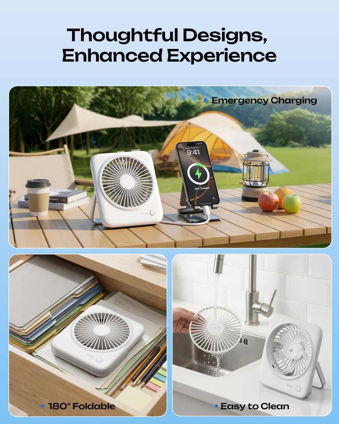 Otlonpe Tischventilator Leise, 4000mAh Akku Tisch Ventilator Tragbar, 4-Speed Tischventilatoren Klei