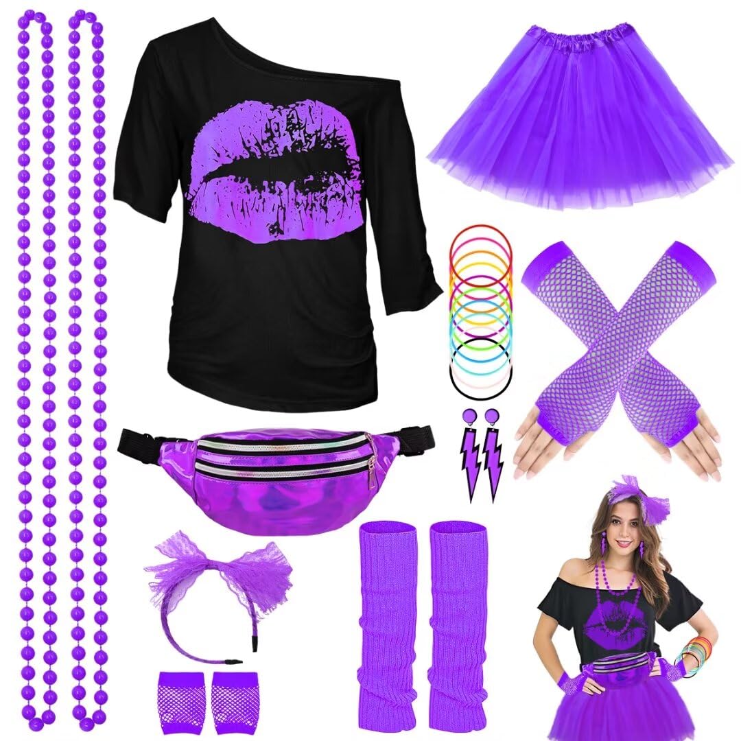 80er Jahre Outfit Damen Set, T-Shirt, Tutu, Gürteltasche, Stirnband, Ohrring, Halskette, Netzhandsch