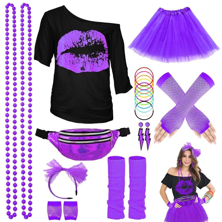80er Jahre Outfit Damen Set, T-Shirt, Tutu, Gürteltasche, Stirnband, Ohrring, Halskette, Netzhandsch