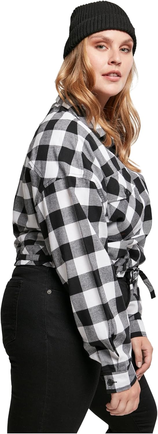 Urban Classics Damen Ladies Short Oversized Check Shirt Hemd 3XL Grosse Grössen Extra Tall Black/Whi