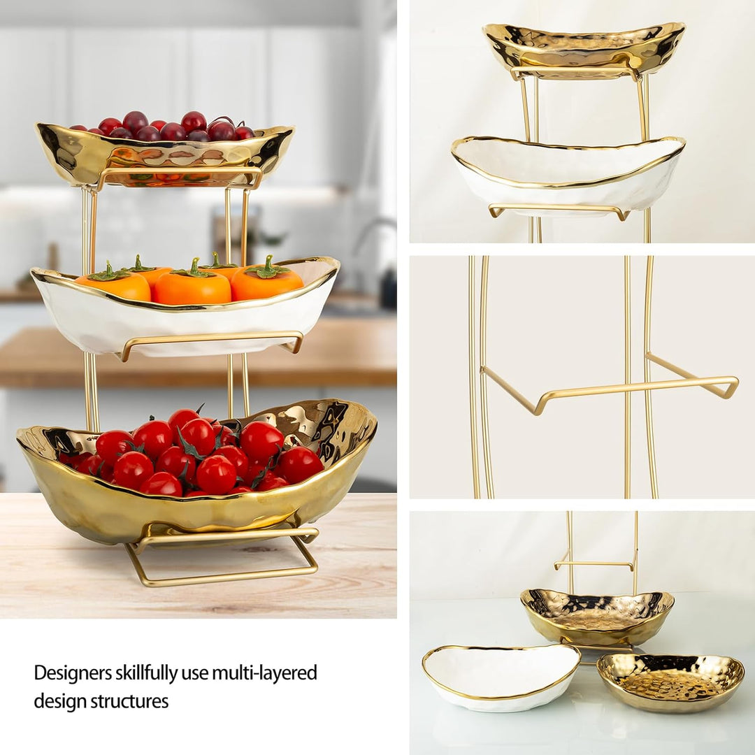 XUDREZ Obst Etagere mit 3 Etagen Obstschalen aus Keramik, Platzsparendes Obstkorb Etagere für die Fa