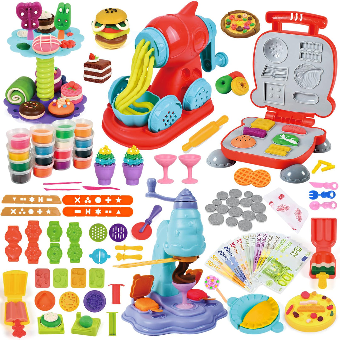 Joellfuner 70 Stück Knete Dough Set, Knete Zubehör Kinder, Knete Eismaschine Nudelmaschine Burgermas