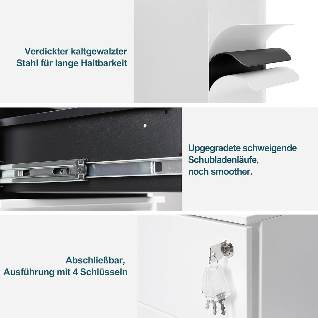 Rollcontainer mit Schubladen, Mobiler Aktenschrank unter Schreibtisch, Abschliessbarer Büroschrank,