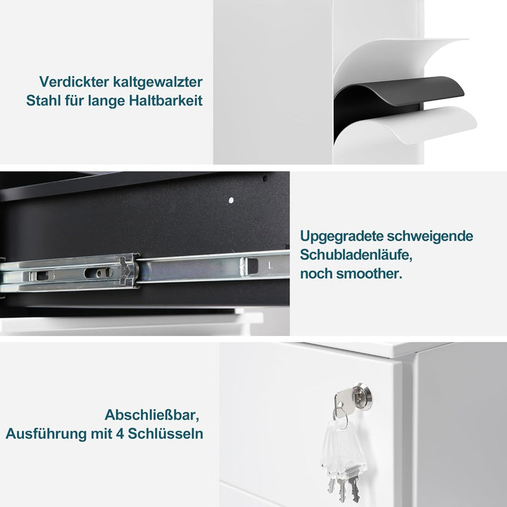 Rollcontainer mit Schubladen, Mobiler Aktenschrank unter Schreibtisch, Abschliessbarer Büroschrank,