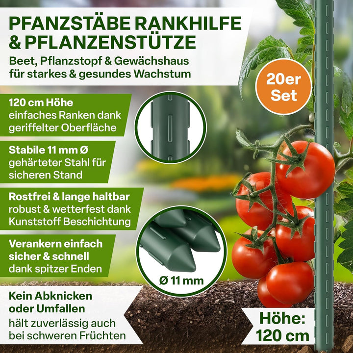 TTL GARDEN Rankstäbe 20er Set 120cm x 11mm Ø grün - Rankhilfe Pflanzstäbe + Klettband + Clips - Stah