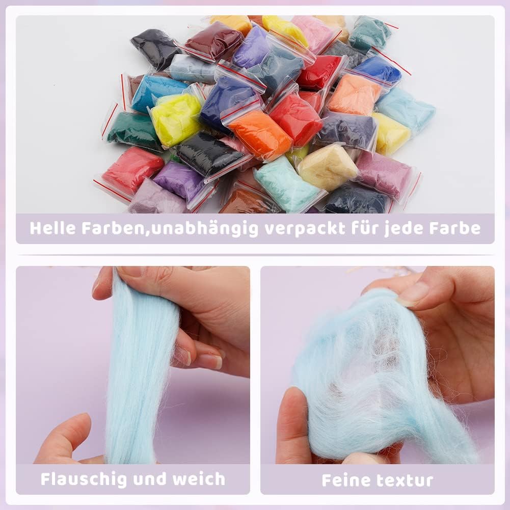Ruasol Nadelfilz-Set, komplettes Nadelfilz-Werkzeug und Zubehör mit Filzwolle 50 Farben, Nadelfilz-S