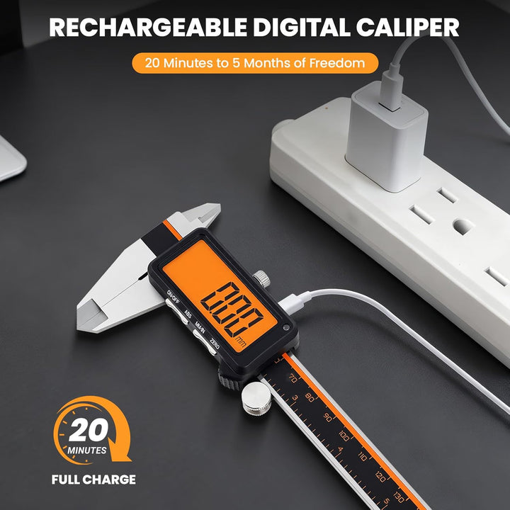HARDELL Digital Caliper, Rechargeable Digital Caliper with Large Orange Screen - Anti-Glare LCD & AB