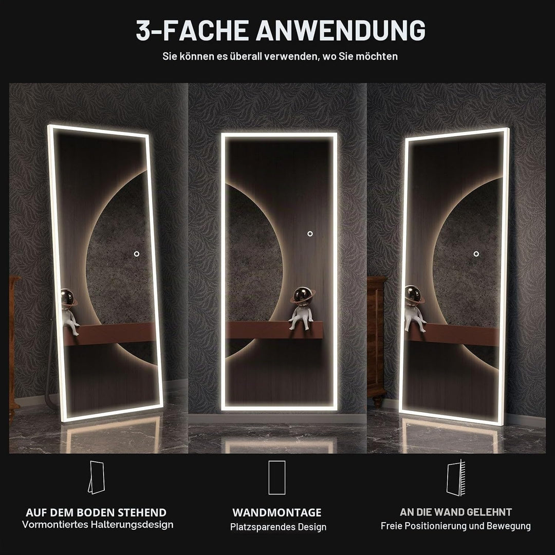 CASSILANDO Voller Länge Spiegel mit Lichtern, 160 x 50cm LED Bodenspiegel, Ganzkörper Ankleidespiege