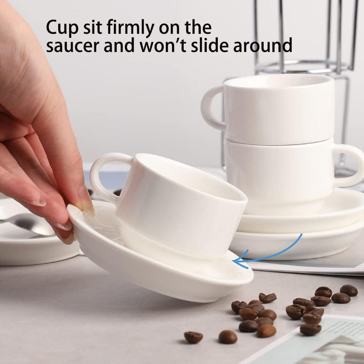 Sweejar Home Porzellan Espressotassen mit Untertassen, 70 ml stapelbare Cappuccinotassen mit Metalls