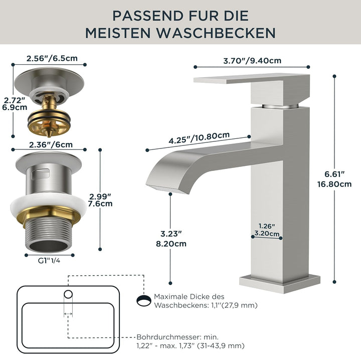 FORIOUS Waschtischarmatur mit Ablaufgarnitur, Wasserfall Wasserhahn Bad mit Auslauf Höhe 82 MM, Ecki
