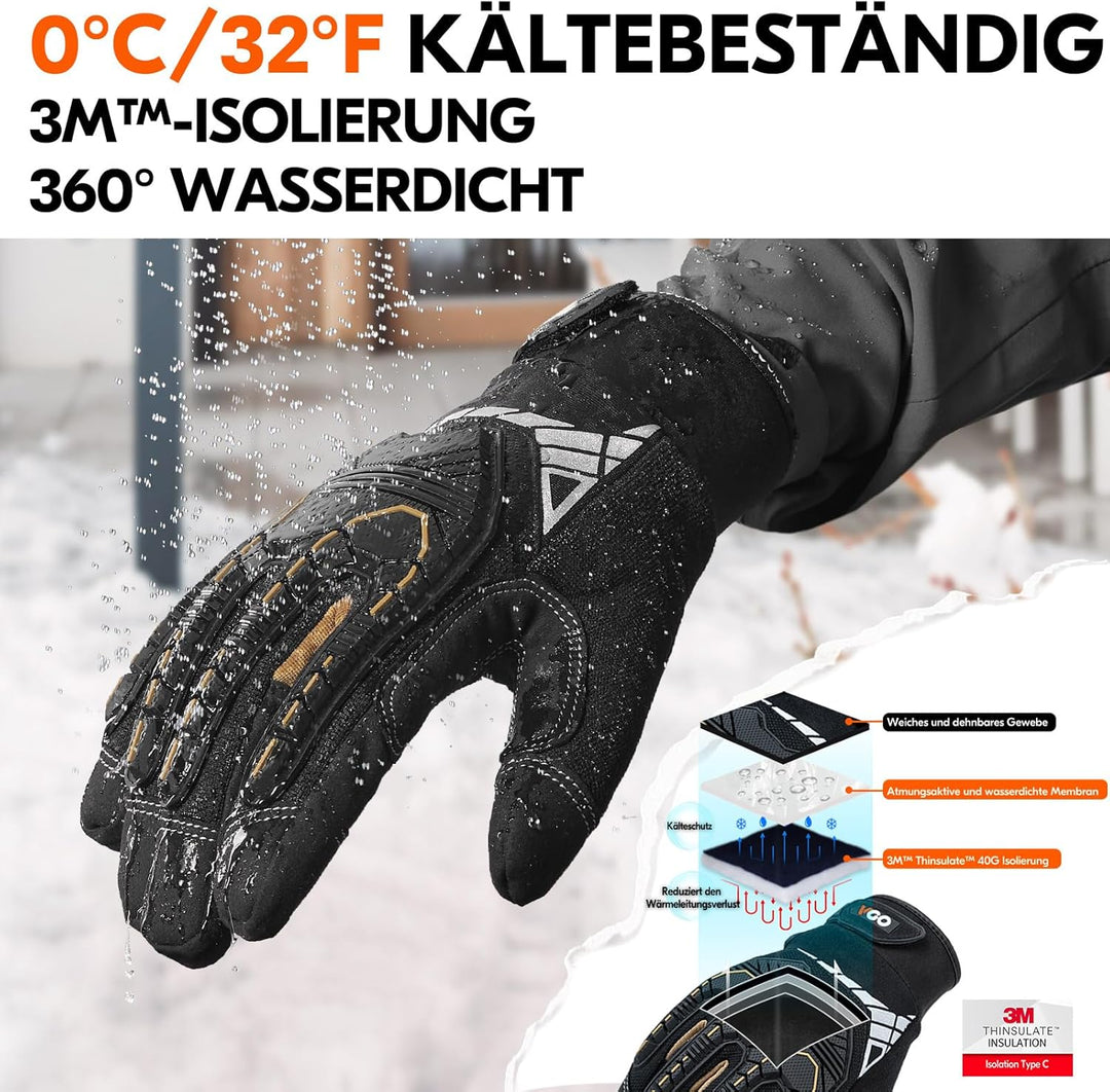 Vgo... 1 Paar Winter Mechaniker Arbeitshandschuhe, 32°F/0℃ kältefest, wasserdicht, stossfest, strapa