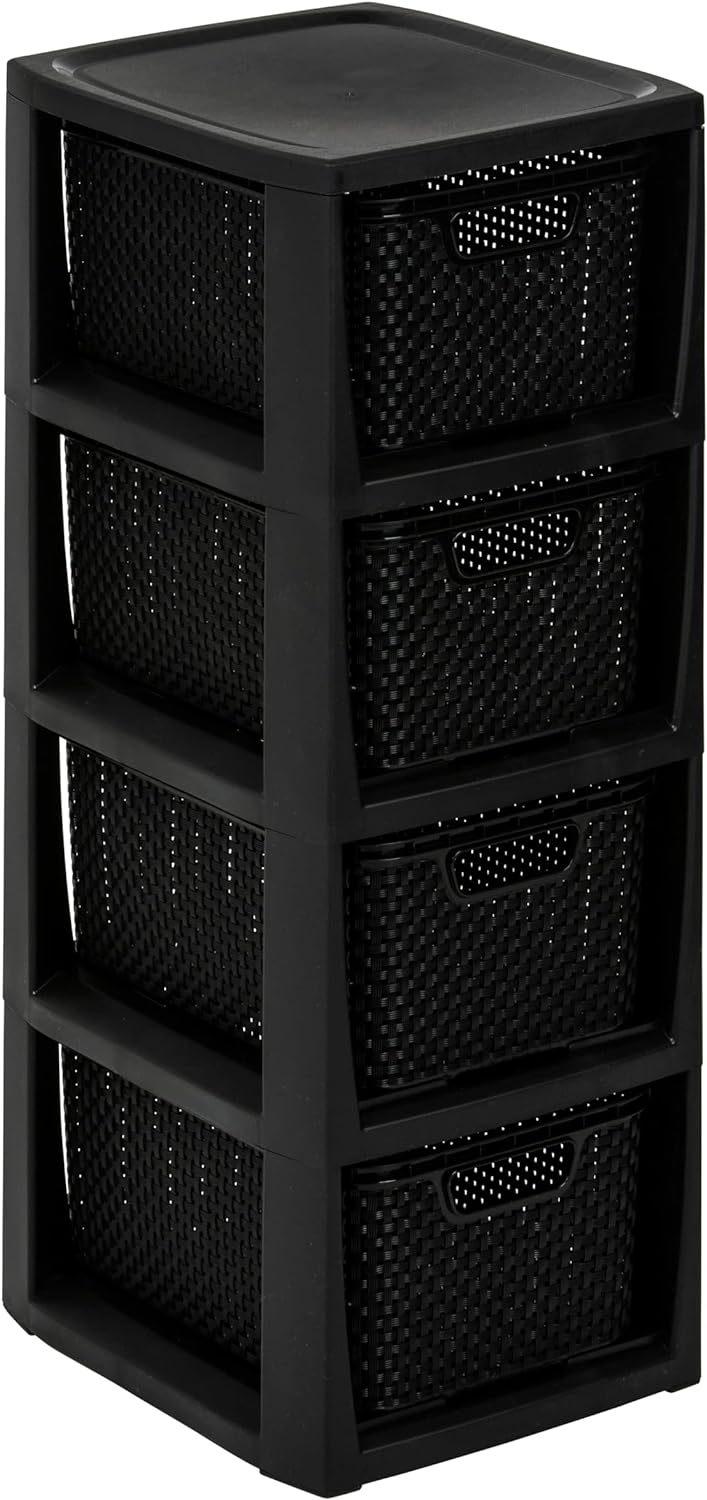 BranQ - Home essential Regal in Rattan Design, BPA-freie Kunststoff PP, Schwarz, 29,5 x 24 x 64,2 cm