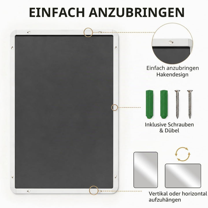 Weisser Rahmenspiegel 50 x 70 cm, grosser Badezimmer-Wandspiegel, rechteckiger Badezimmerspiegel zur