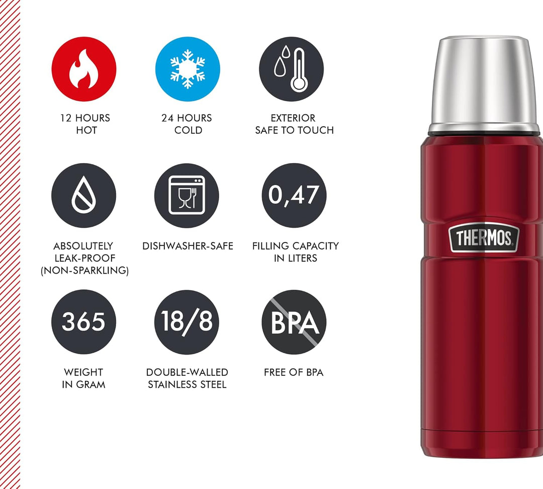 Thermos 4003.248.047 Thermosflasche Stainless King, Edelstahl Cranberry 0,47 l, Drehverschluss, 12 S
