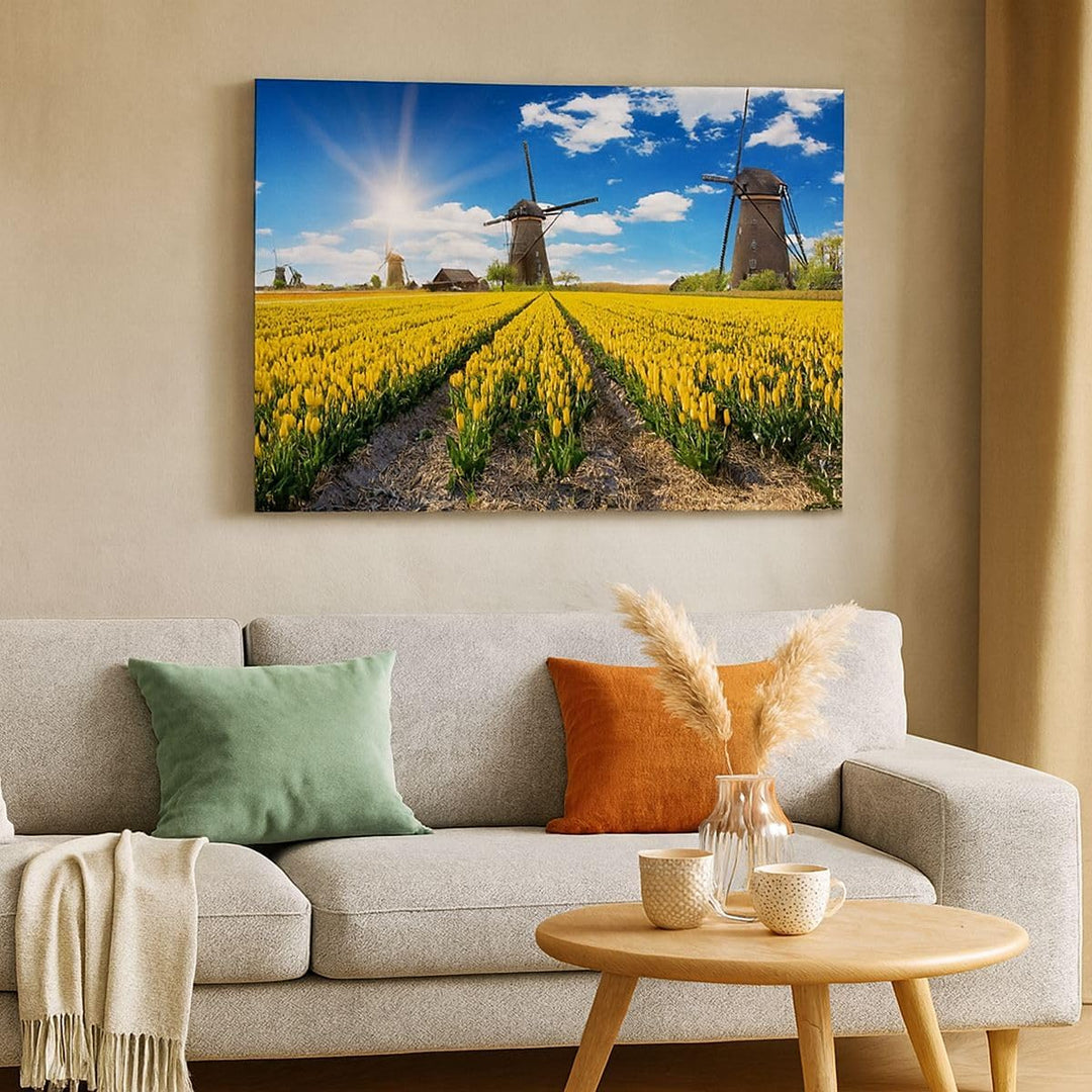 Bilder auf Leinwand 100x70cm Leinwandbild Tulpen Windmühle Wiese Landschaft Gross Wanddeko Bild Schl