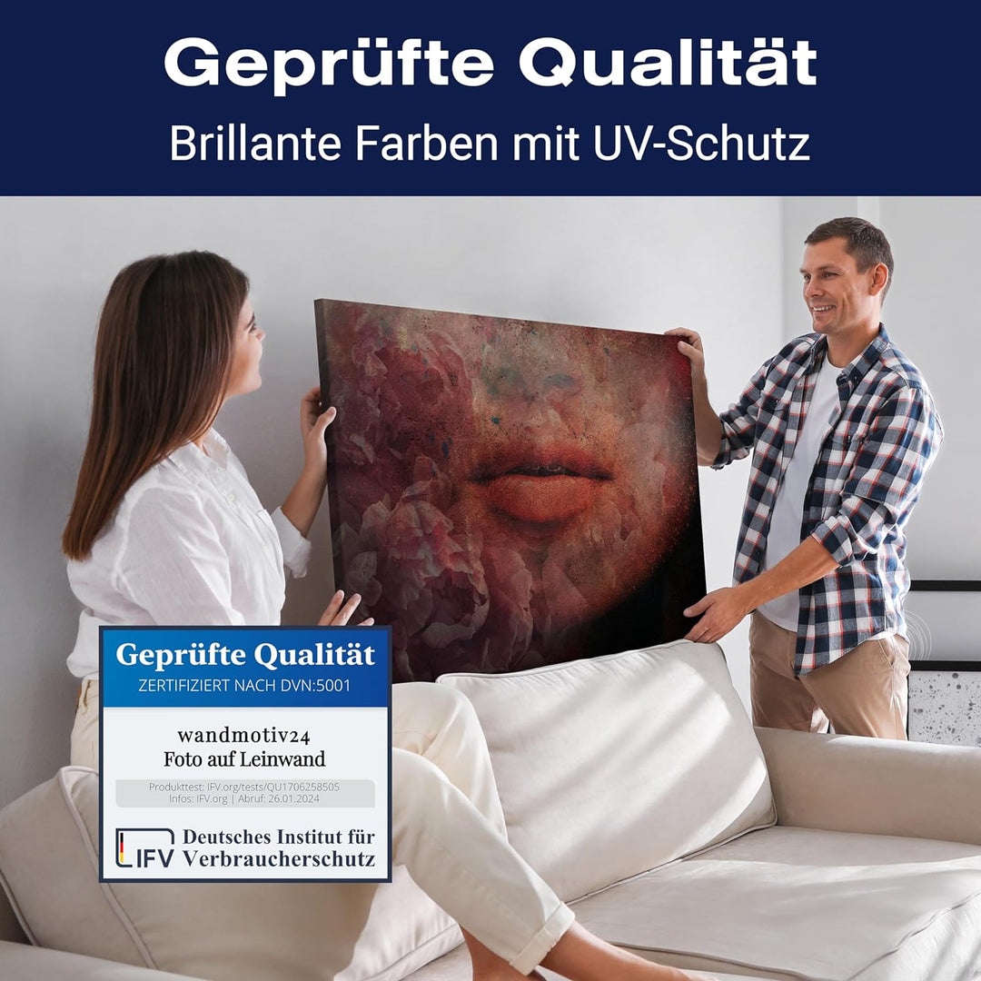 wandmotiv24 Lippen Motiv als Leinwandbild, 60x45cm, Querformat, Frauen Lippen, Blumen, Beton, Effekt