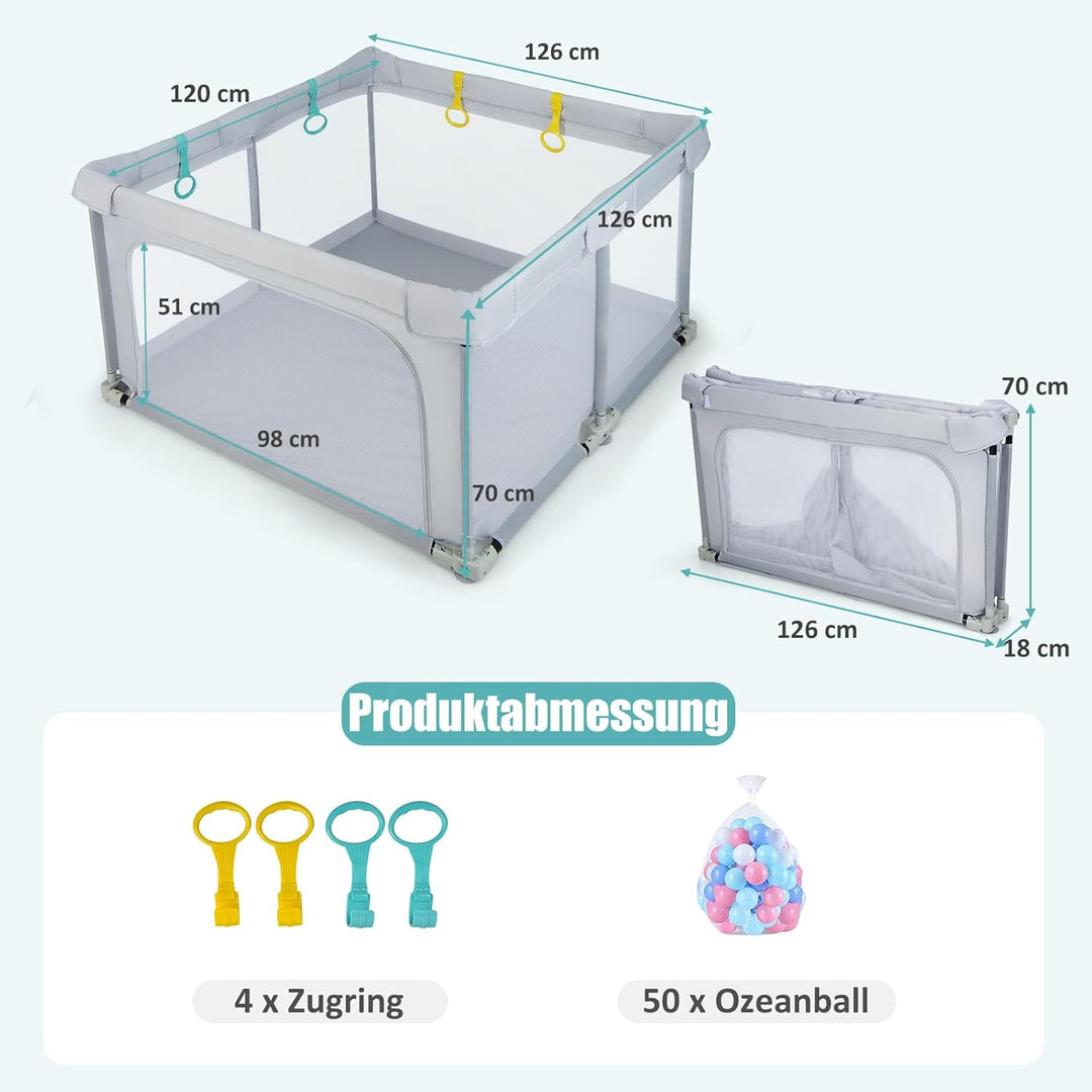 DREAMADE Laufstall Baby, 126 x 126 cm Laufgitter Klappbar mit 50 Spielbällen & 4 Zugringen, Schutzgi
