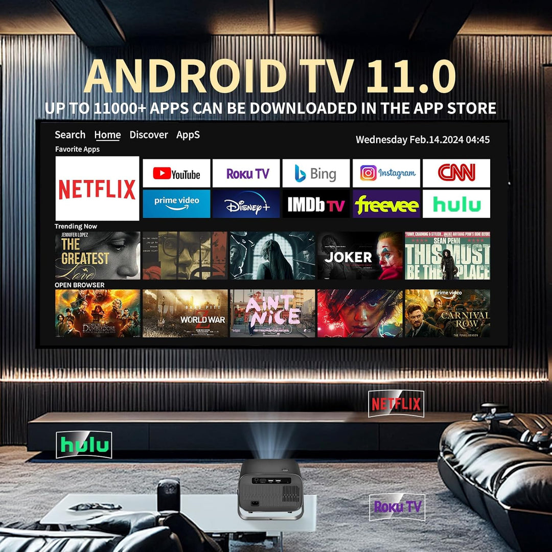 360° Drehbar Mini Beamer 1080P Android 11.0 Wandprojektor mit Lautsprecher, Netflix, Auto-Fokus 2+16
