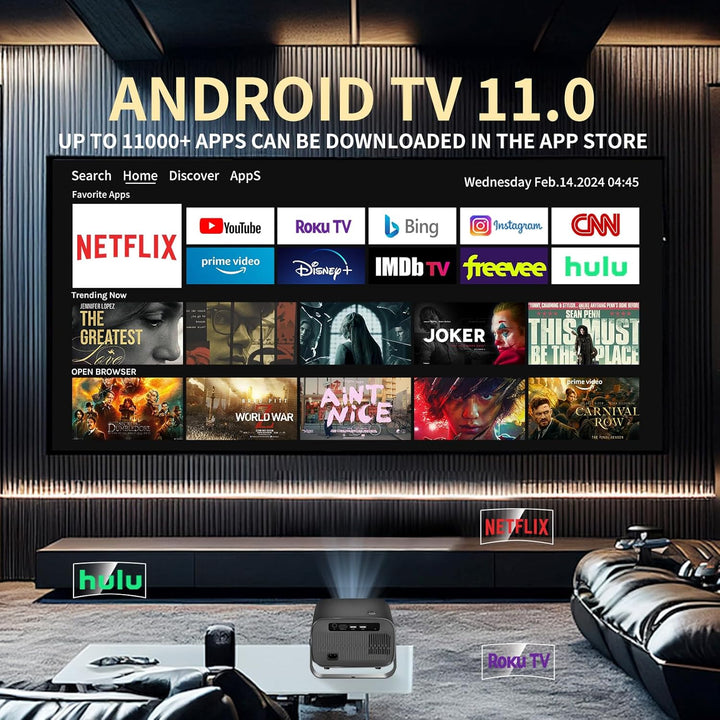 360° Drehbar Mini Beamer 1080P Android 11.0 Wandprojektor mit Lautsprecher, Netflix, Auto-Fokus 2+16