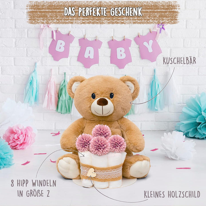 MilaBoo® Kleine Vintage Windeltorte Mädchen mit grossem Teddybär I Liebevolles Geschenk zur Geburt I