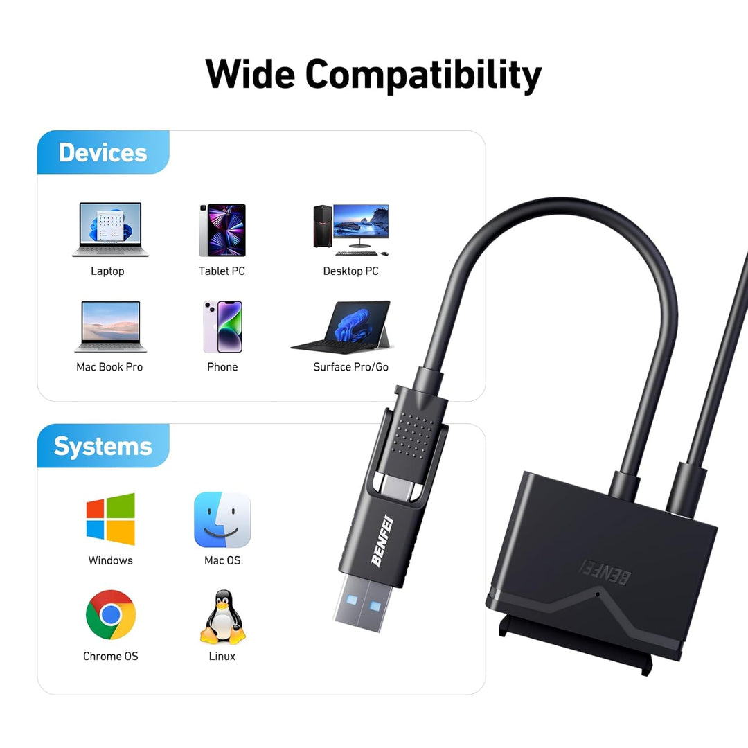 BENFEI USB 3.0 auf SATA Adapter, 2-in-1 USB C/USB 3.0 auf SATA III Festplattenadapter für 2,5 Zoll /