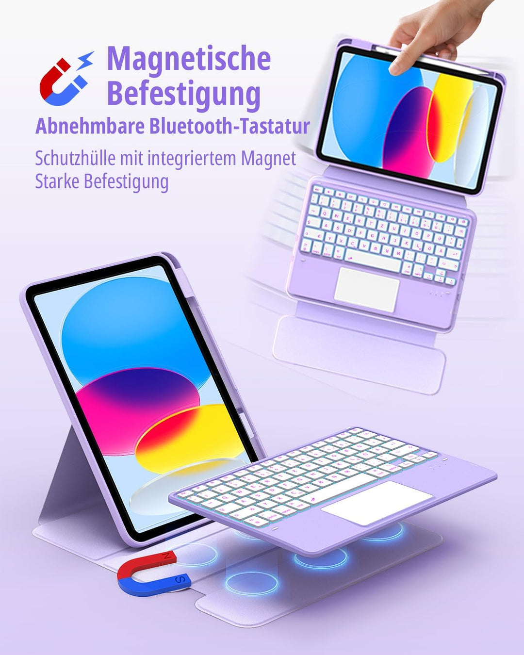 CACOE Drehbare Hülle mit Tastatur für iPad (A16) 11/10 Generation (11/10.9 Zoll) 2025/2022 mit Touch