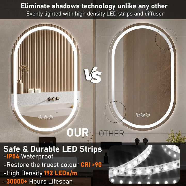 Ratsamee Ovaler Badspiegel mit Beleuchtung LED, 50x80cm Spiegel mit Light, Wandspiegel Oval mit Fron